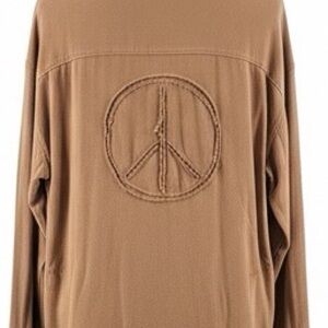 J Gerard Peace Gallery 100% Silk Shirt Raw Edge Peace Sign - Camel